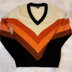 Minnie Rose Multicolor chevron striped Cashmere V neck sweater black brown Sz S